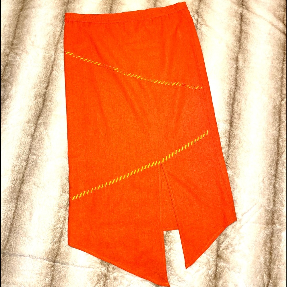 SELENE Sport Linen mix orange stylish Skirt Asymmetric Embellished midi